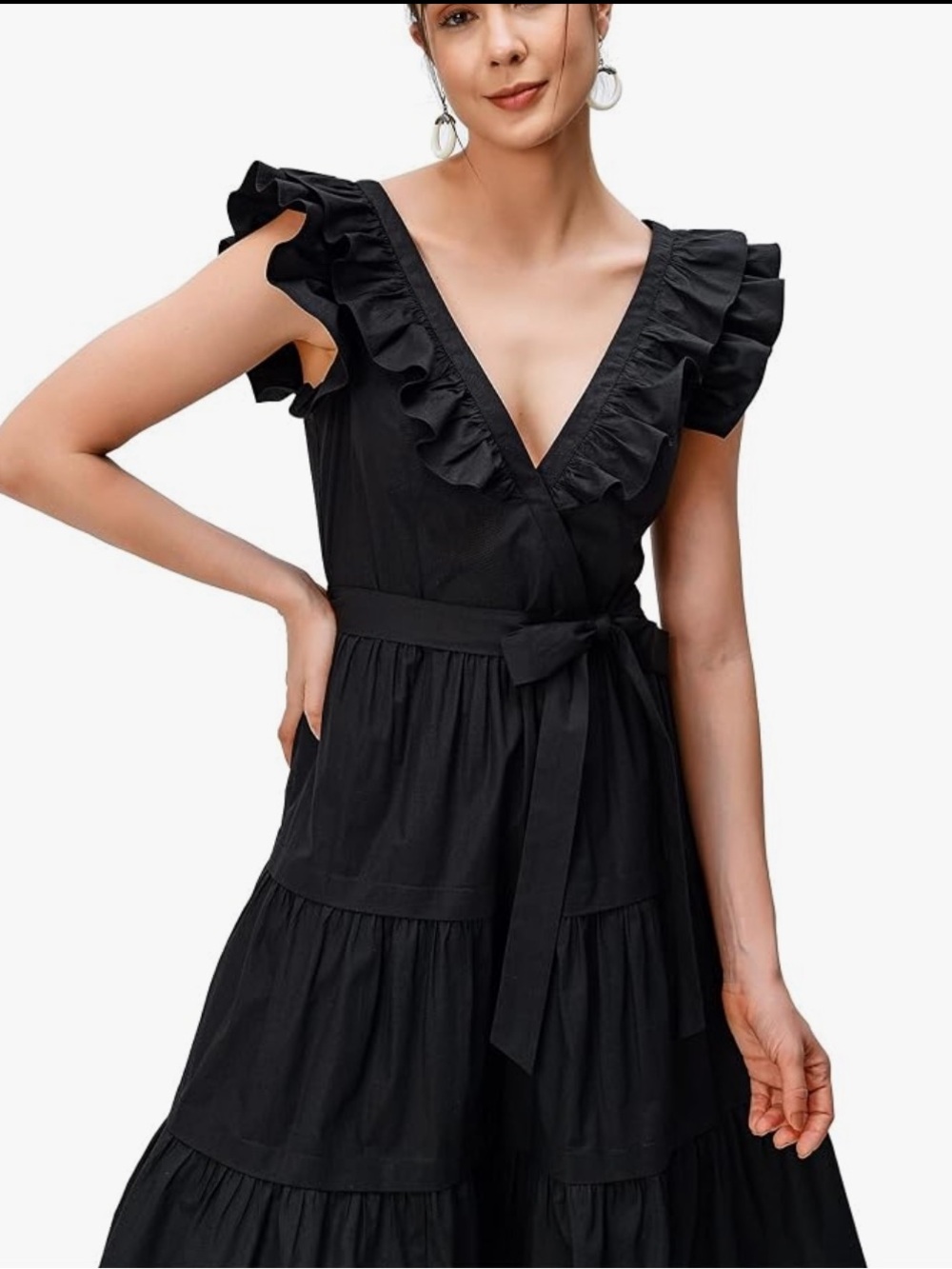 ESHAKTI Party Cottage Ruffle Fit & Flare Tiered Faux Wrap Belt Black Dress 26W